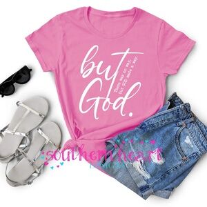 Pink “But God” Christian Graphic Tee – Faith-Inspired Unisex Gildan 50/50 Shirt